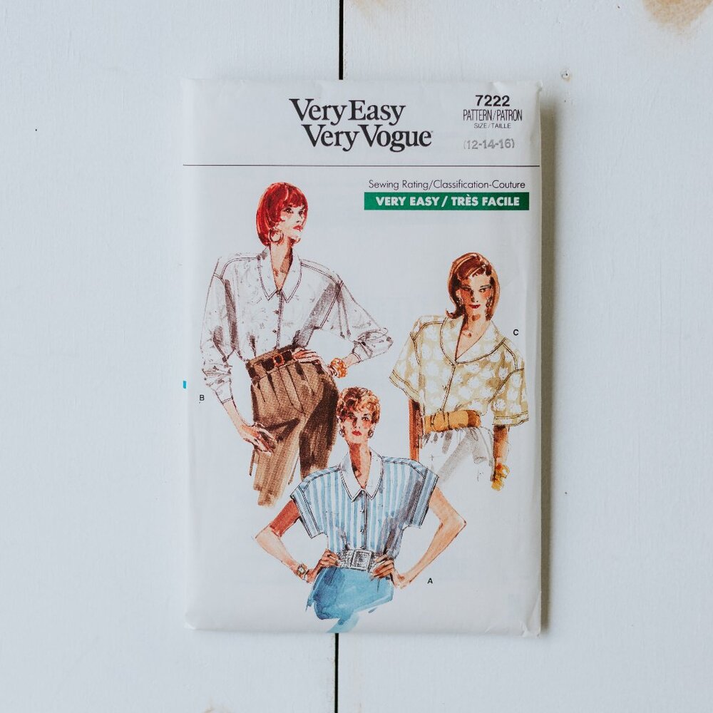 70s Vintage Vogue Sewing Pattern #7222 Misses' Blouse UNCUT Size 12, 14, 16